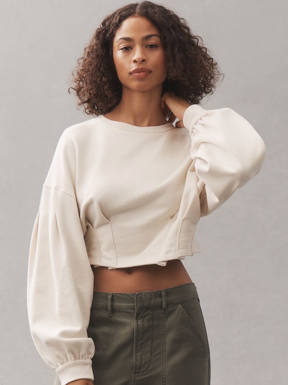 Pilcro Cropped Balloon-Sleeve Top Cream Small